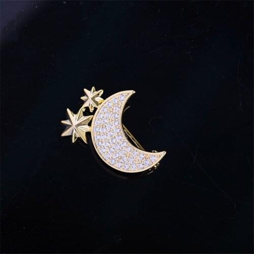 OKILY Cute Mini Micro Pave CZ Zircon Moon Brooches Gold Color Star Decoration Lapel Pins for Women Party Accessories