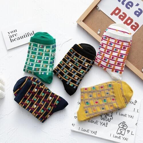Autumn And Winter New Socks Womens Tube Socks Jacquard Brick Grid Childrens Socks Japanese Cute Breathable Girl Cotton Socks W