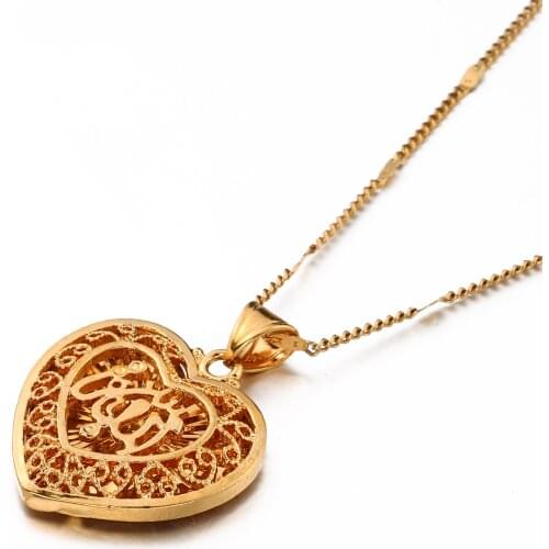 Gold Color Hollow Heart Shape Allah Pendant Necklace for Female Classic Arabic Muslim Jewelry