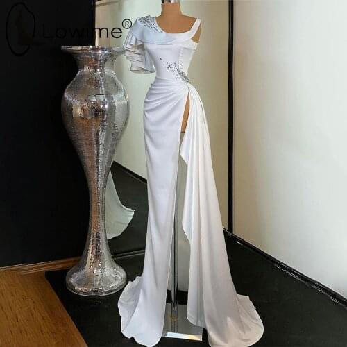 Simple Ivory Mermaid Evening Dresses Crystal Ruched Long Custom Made Sexy High Split Prom Party Gowns
