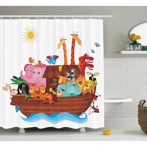 Religious Shower Curtain Cute Illustration of the Ark Boat in Sunny Day with Cartoon Mascots Marine Story Bath Curtains