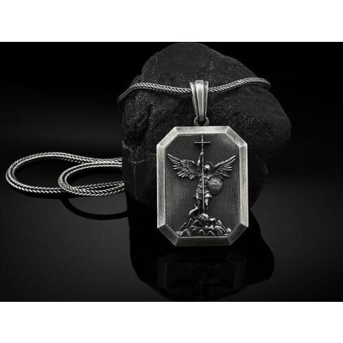 Religious vintage Jewelry on the neck Angel Guardian pure tin pendant necklace men stainless steel chain necklace