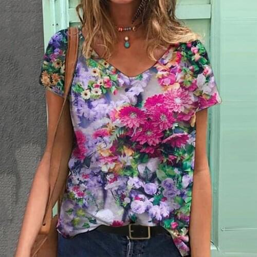 S-5XL 7Colors Flowers Painting Loose V-Neck Short Sleeved Blouses Casual Women Summer Spring T Shirts