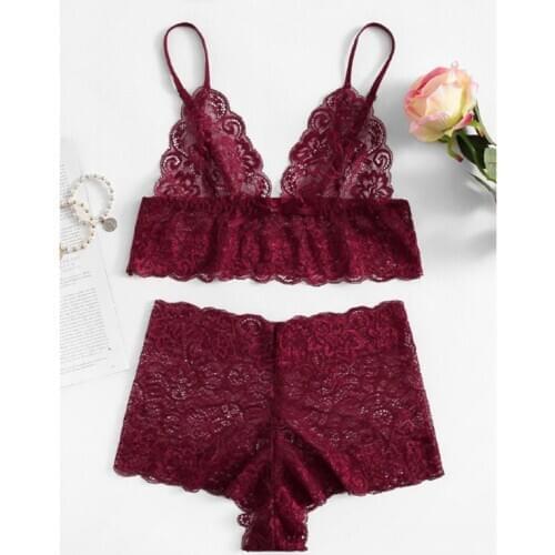 Sexy Lingerie Solid Color Floral Lace Underwear Set New Adjustable Bra Set Wireless Bra Panties 2 PCS Set