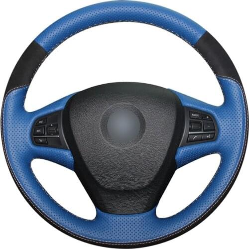 Blue Natural Leather Black Suede Car Steering Wheel Cover for BMW F25 X3 2011-2017 F15 X5 2014