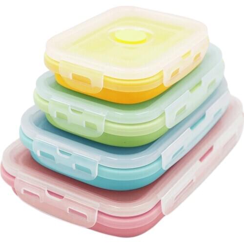 Folding Collapsible Silicone Food Storage Container Portable Bento Lunch Box Microware For Salad Dinner With Leakproof PP Lids