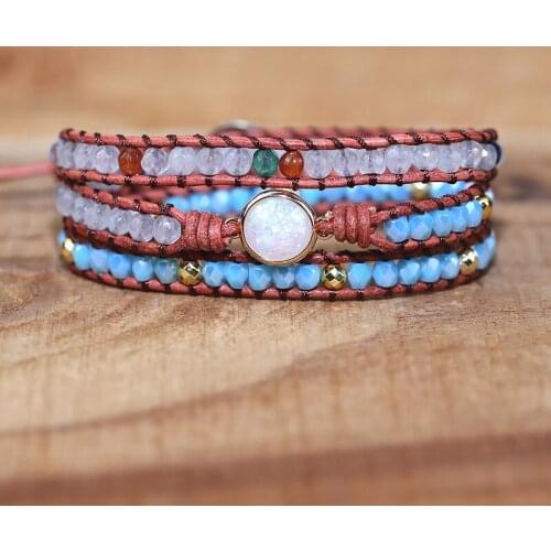 Unique Women Bracelets Natural Opal Stone Rhinestone 3 Rows Leather Wrap Bracelet Fancy Femme Boho Bracelet Drop shipping