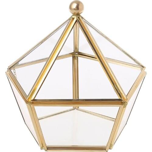 Vintage Decorative Jewelry Chest Geometric Terrarium Window Box Storage Display Case Pentagon Shape Clear Glass and Brass