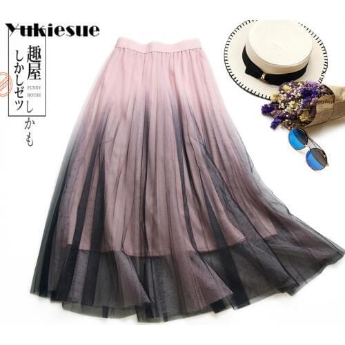Long Tulle Skirt Women 2019 Spring Summer Gradient Korean Elegant High Waist A-line Pleated School Midi Skirt Female skirts