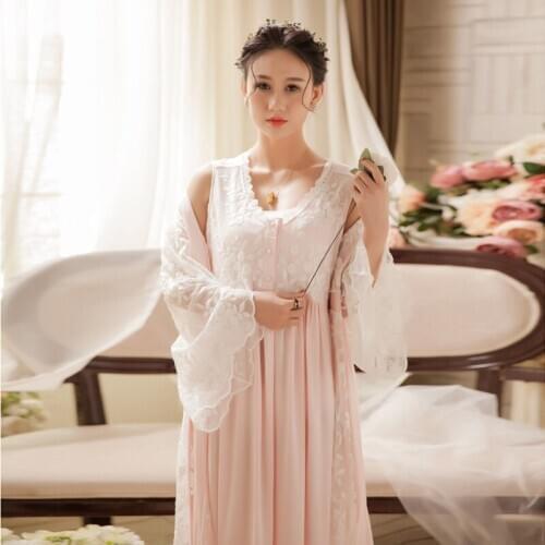 Womens Mesh Embroidered Nightgown Two-Pieces Palace Gown Sets Princess Plus Size Loose Long Luxury Nightdress Dressing Gown