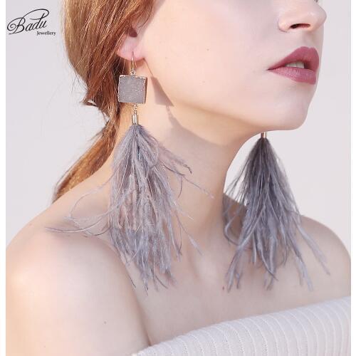 Badu Dangle Earring for Women Long Ostrich Feather Earrings Geometric Triangle Drop Bohemian Fashion 2018 Holiday Jewelry
