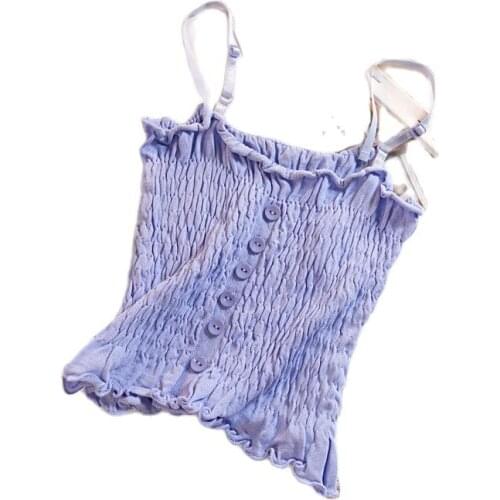 HELIAR Purple Tops Flounce Hem Knitted Camis Cute Crop Tops Buttons Camisole Ladies Camis Sleveeless Spaghetti Top For Women