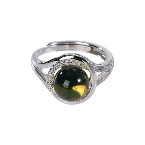 S925 sterling silver natural Mexican blue amber ring personality affordable luxury round beads elegant Womens Open ring