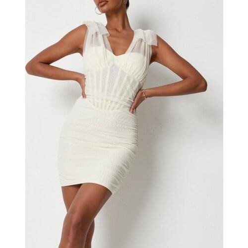 Mesh V-Neck Solid Dress Women Summer Sleeveless Backless Patchwork Ruched Slim Female Mini Dress 2021 Lady Elegant Party Vestido
