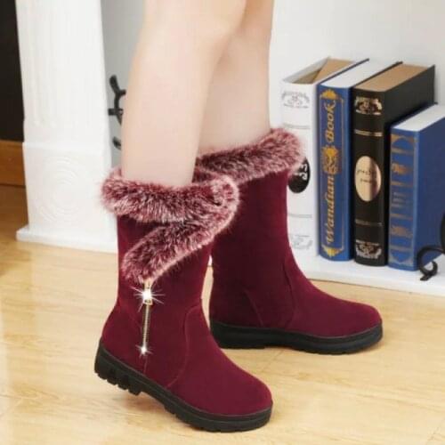 Winter Women Boots Fashion Warm Faux Fur Mid-Calf Boots Shoes Woman Round Toe Snow Boots Mujer SD026