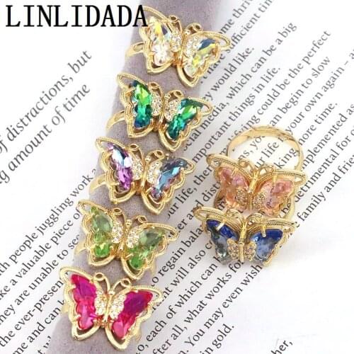 10Pcs Fashion Colorful Glass Crystal Adjustable Butterfly Ring For Women Wedding Bridal Jewelry