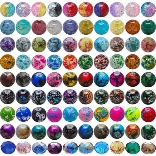 100Pcs/Lot 8mm Glass Pattern Beads Round Decorative Crystal Jewelry Crafts Supplies for DIY Making Earring Bracelet Necklace