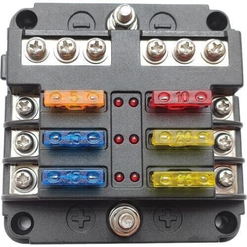 6-Way Fuse Box with Negative LED Lampfor Auto, RV, Car, Boat, Marine, Truck Waterproof Fuse