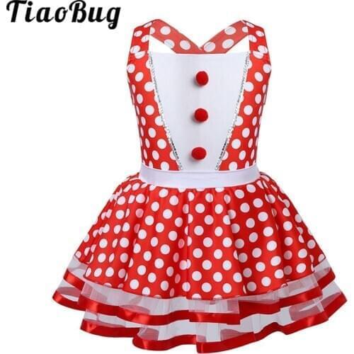 TiaoBug Kids Polka Dots Red Mesh Tutu Ballet Dress Girls Skirted Gymnastics Leotard Stage Performance Christmas Dance Costume