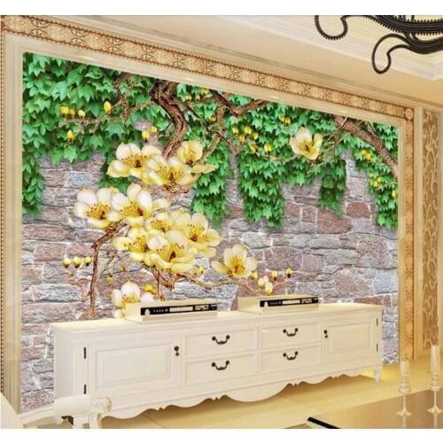 Custom photo mural 3d room wall paper Flower vine magnolia flower brick wall background 3d wall murals wallpaper for wall 3 d