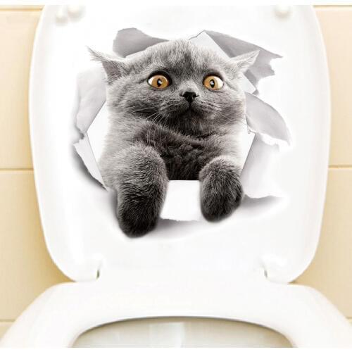 Hot 3D Cute Kitten Closestool Sticker Kids Bedroom Wall Deocration Cat Cartoon Fridge Sticker