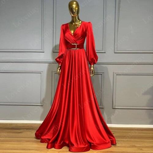 Saudi Arabia Red A Line Formal Evening Dresses 2021 Sexy V Neck Long Sleeves Couture Dubai Muslim Prom Party Dress Vestidos