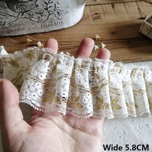 5.8CM Wide Luxury Soft Gold Embroidered Mesh 3d Pleated Lace Fabric Dress Collar Applique Ruffle Trim Wedding Veil Sewing Decor