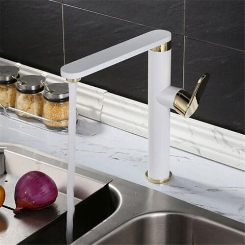 Kitchen Sink Faucets Brass Mixer Tap Single Handle Deck Mounted Hot & Cold Water Crane Tap Rotating White Bathroom Basin Faucet