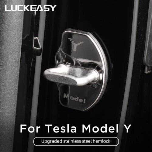 LUCKEASY Stainless Steel Car Door Lock Cover For Tesla Model Y 2020-2021 Rubber edging Interior Modification Accessories