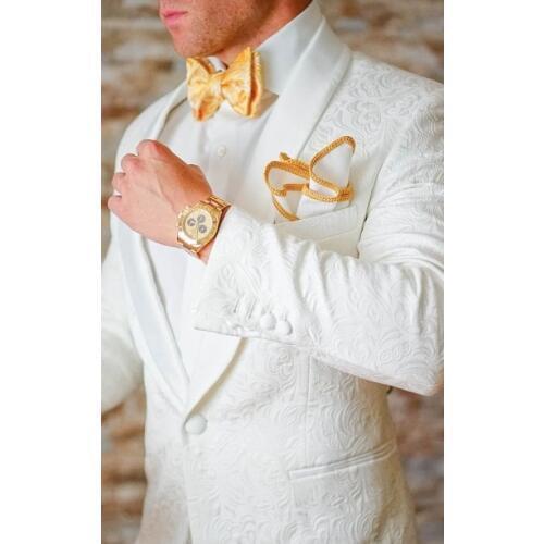 Fashionable One Button White Paisley Groom Tuxedos Shawl Lapel Groomsmen Men Blazers Suits (Jacket+Pants+Tie) NO:334