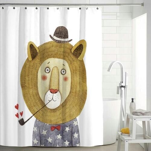 Cartoon Painting Lion Animals Shower Curtain Set with 12 Hooks Bathroom Decoration