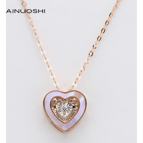 AINUOSHI 18K Gold Round Cut 0.021ct Real Diamond 0.45ctPink Mother-Of-Pearl Heart Shaped Pendant Necklace Jewelry for Women 18