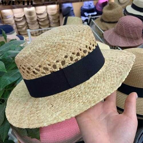 2019 New Summer Sun Hat for Women Men Elegant Handmade Raffia Panama Hat Hollow Ribbon Straw Beach Boater Hats Skimmer Derby Cap