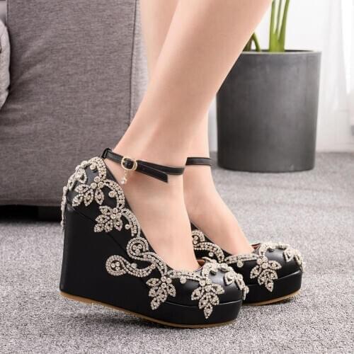 Luxury Crystal Diamond Glittering Wedges High Heels Women Wedding Shoes Bride Ankle Straps Ladies Bridal Black Heels Party Pumps