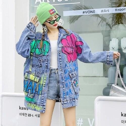 Personalized Graffiti Denim Jacket Lady 2021 new Autumn Coat Large Size Jeans Women Streetwear Jacket Coats