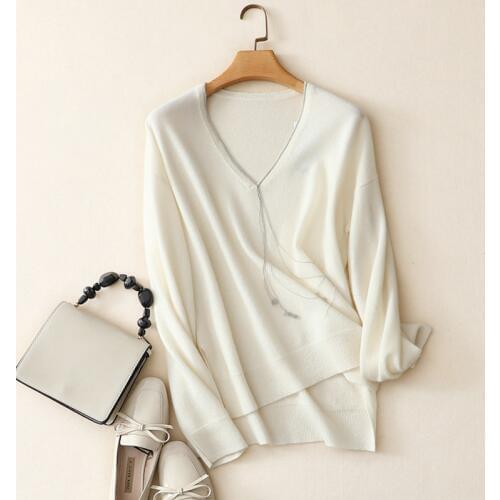 High quality 100% pure cashmere sweater women v neck oversized fashion casual white pullovers