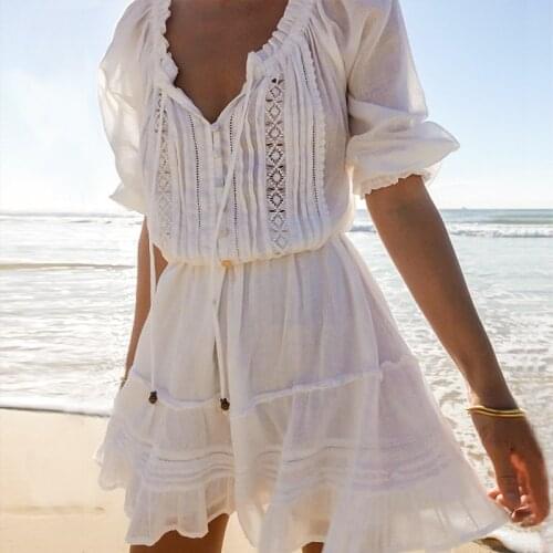 White dress for women cotton ruffled summer dress V-neck hollow out tiered elegant dress elastic waist Bohemian style