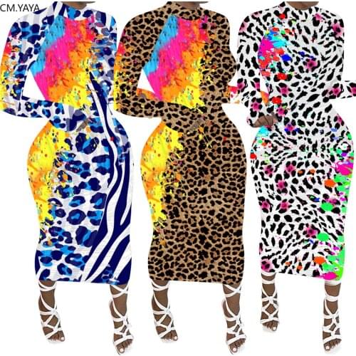 CM.YAYA Women Graffiti Leopard Print Long Sleeve Bodycon Midi Maxi Dress Sexy Night Party Bandage Pencil Long Dresses Vestidos