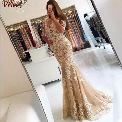 Half Sleeve Mermaid Evening Dresses 2020 Women Formal Party Champagne Night Robe De Soiree Elegant Vestidos Long Sexy Prom Dress