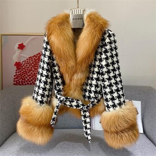 Winter clothes women 2021 Houndstooth stitching red fox silver fox fur coat court fashion ladies real fur coat