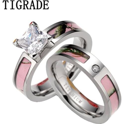 2pcs/Lot Luxury Cubic Zirconia Pink Camo Ring Set Women Titanium Wedding Band Engaement Rings Couple Set Rings Big Stone Feamle