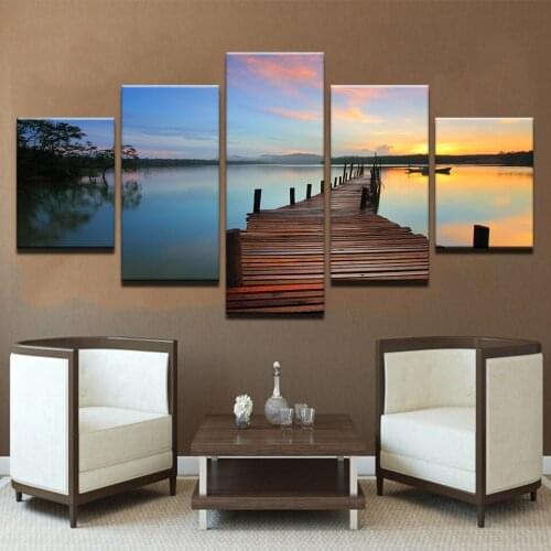 Canvas Home Decor Living Room Art 5 Pieces Sunrise Bridge Landscape Paintings HD Prints Lake Boat Poster Framework