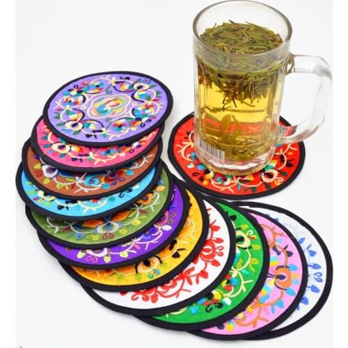 50pair Ethnic Coffee Tea 2 Coaster Set Wedding Party Favor Chinese Vintage Round Embroidered Cotton Cup Mat Table Protective Pad
