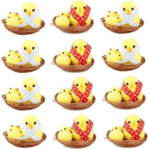 AT69 -12Pcs Simulation Easter Chick Yellow Mini Lovely Artificial Home Decoration Toys Plush Chicken Easter Gift for Children