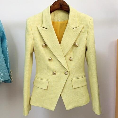 Free Shipping 2021 New Autumn Winter Designer Fashion Yellow Houndstooth Blazers for Women High Quality Business Office Ladies