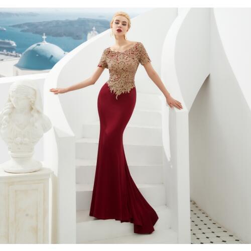 Burgundy Evening Dresses 2019 Mermaid Evening Gown Gold Applique Beaded Prom Dress Long Formal Evening Gown Robe de Soiree