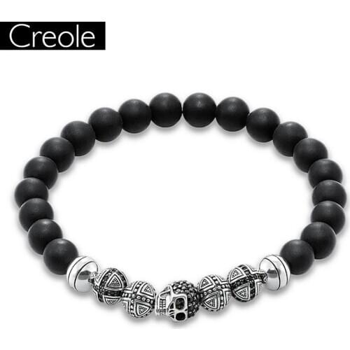 Europe Skull Cross & Matted Obsidian Beads Rebel Elastic Bracelet, 925 Sterling Silver Heart Punk Jewelry Gift For Men Women