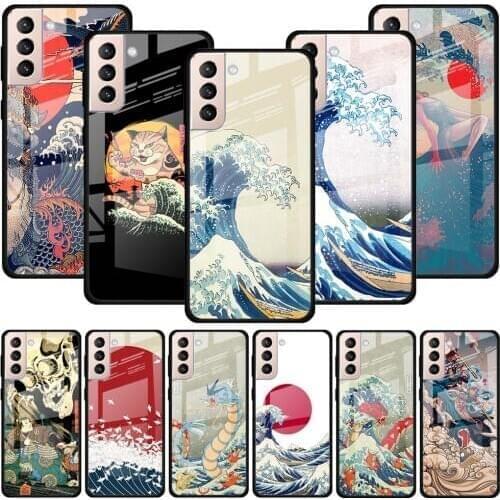 Japanese Style Art Tempered Glass Phone Case For Samsung Galaxy S21 Ultra S20 FE S10 S10e Lite S9 S8 Plus 5G Cover Coque Capa