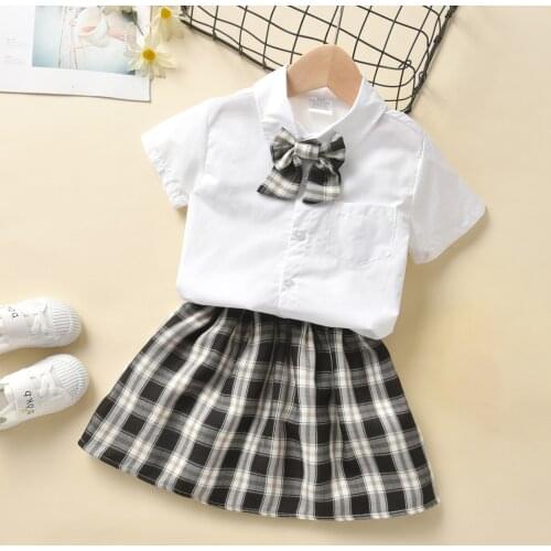 Summer Kids Girls Clothes Set Solid Color Short Sleeve Lapel Tee Shirt + Plaid A-line Skirt 2Pcs Outfits Children Clothing Set