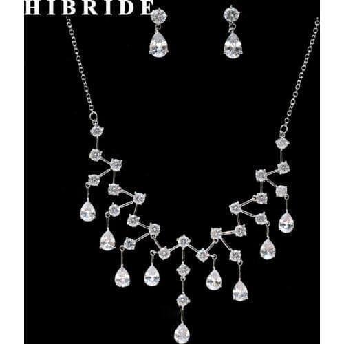 HIBRIDE New Design Water Drop Cubic Zircon Pendant Women Wedding Necklace Earring Set Jewelry Sets Dress Accessories N-269
